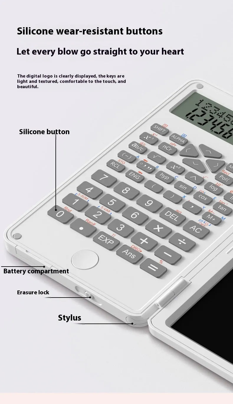 Portable scientific calculator with handwriting board, plastic body, 162 mm length, in black