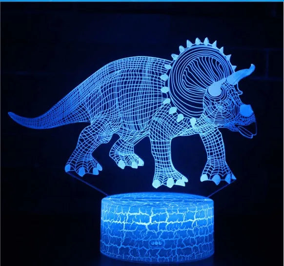 Colourful dinosaur-shaped 3D night light with touch controls on a black ABS base.