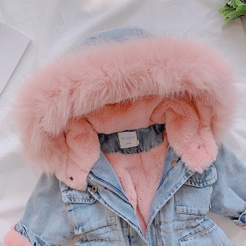 Blue denim coat for girls with attached hood and plus velvet lining shown with size tags