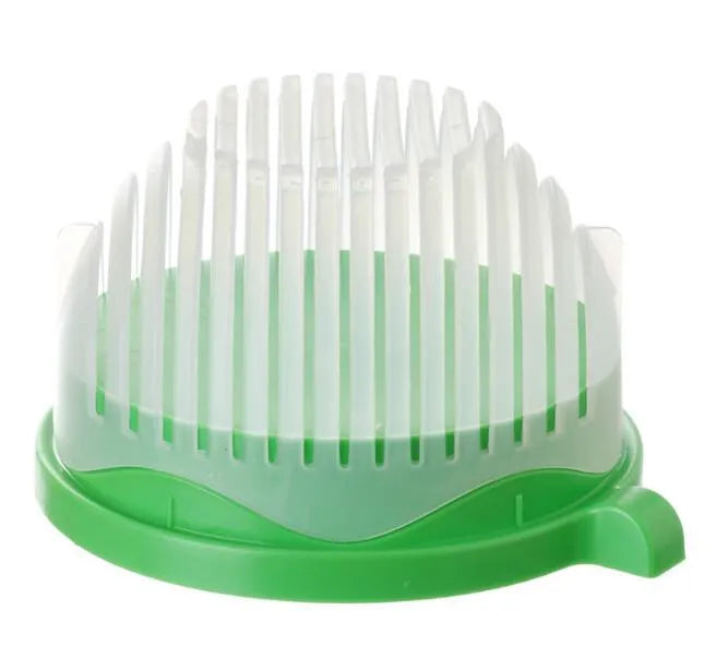 Blue salad cutter bowl with chopping lid and serving plate base on a kitchen counter