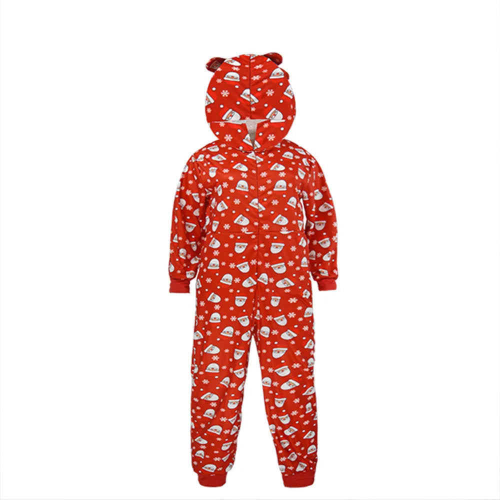 Family matching Christmas onesie in blue or red, hooded long-sleeve polyester knit jumpsuit for kids and adults