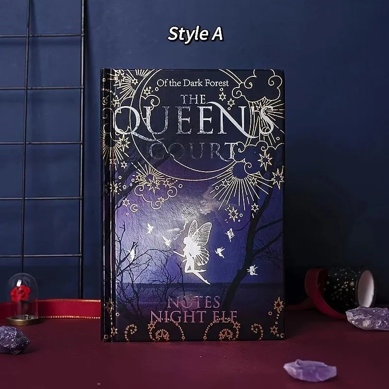 Blue A5 luminous hardcover notebook open to show full-colour illustrated pages.