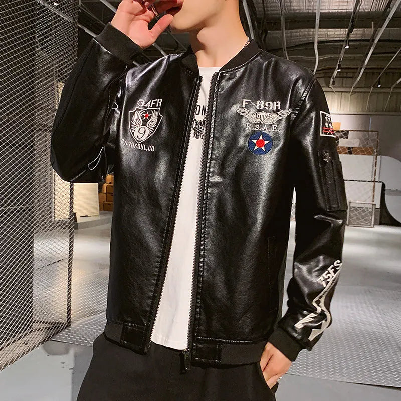 Men's embroidered PU leather motorcycle jacket with standing collar and zipper front in khaki