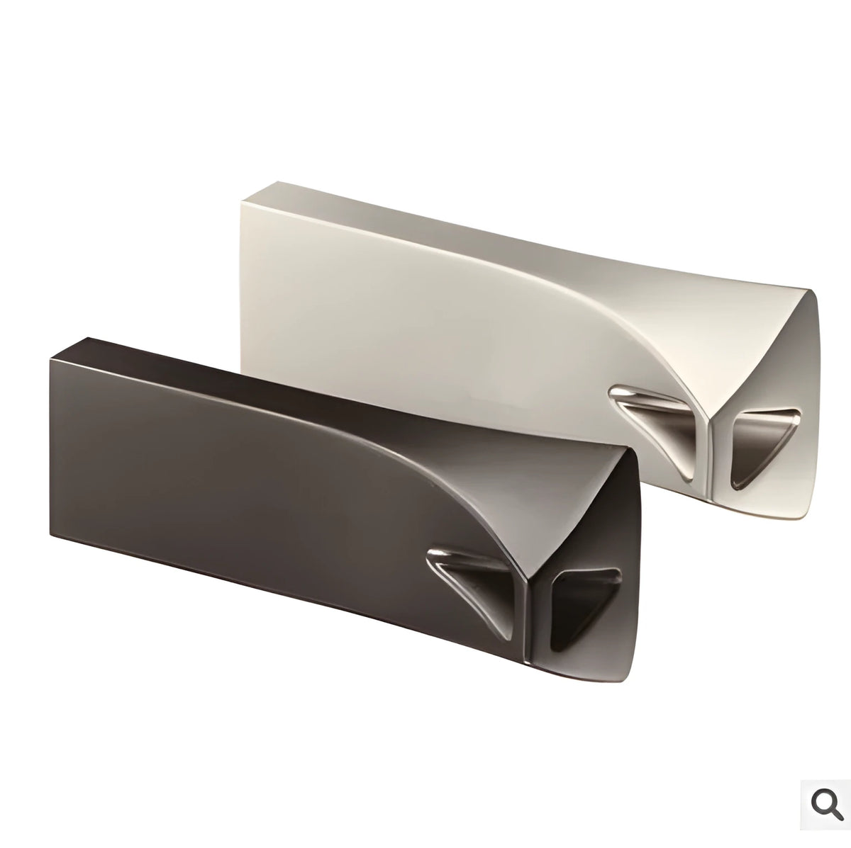 Small triangle metal USB drive with USB 2.0 interface, write protection switch, and indicator light