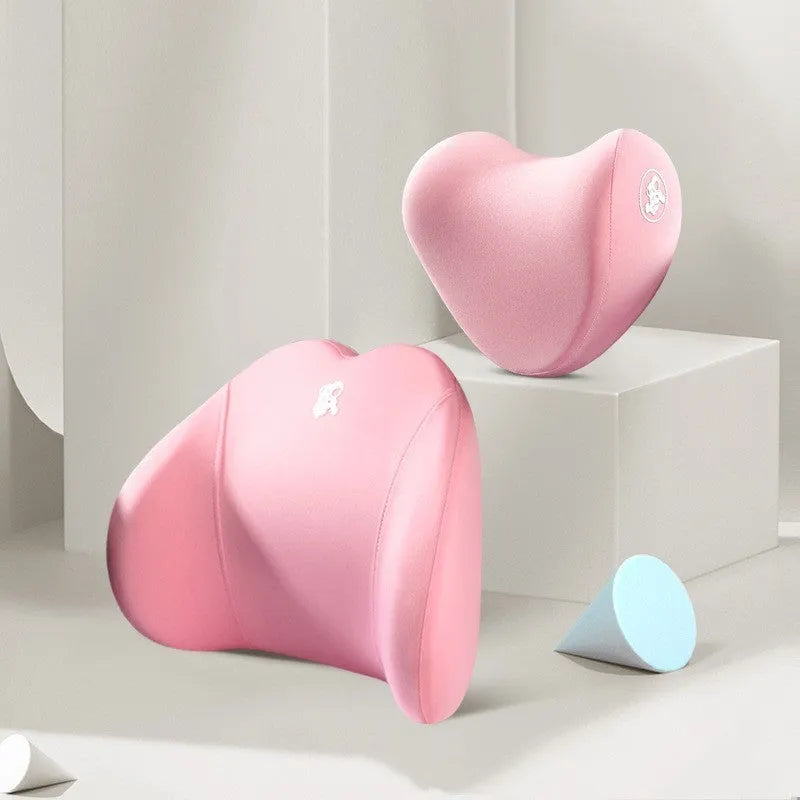Car pillow set with heart-shaped memory foam headrest and matching lumbar support pillow in cotton cover