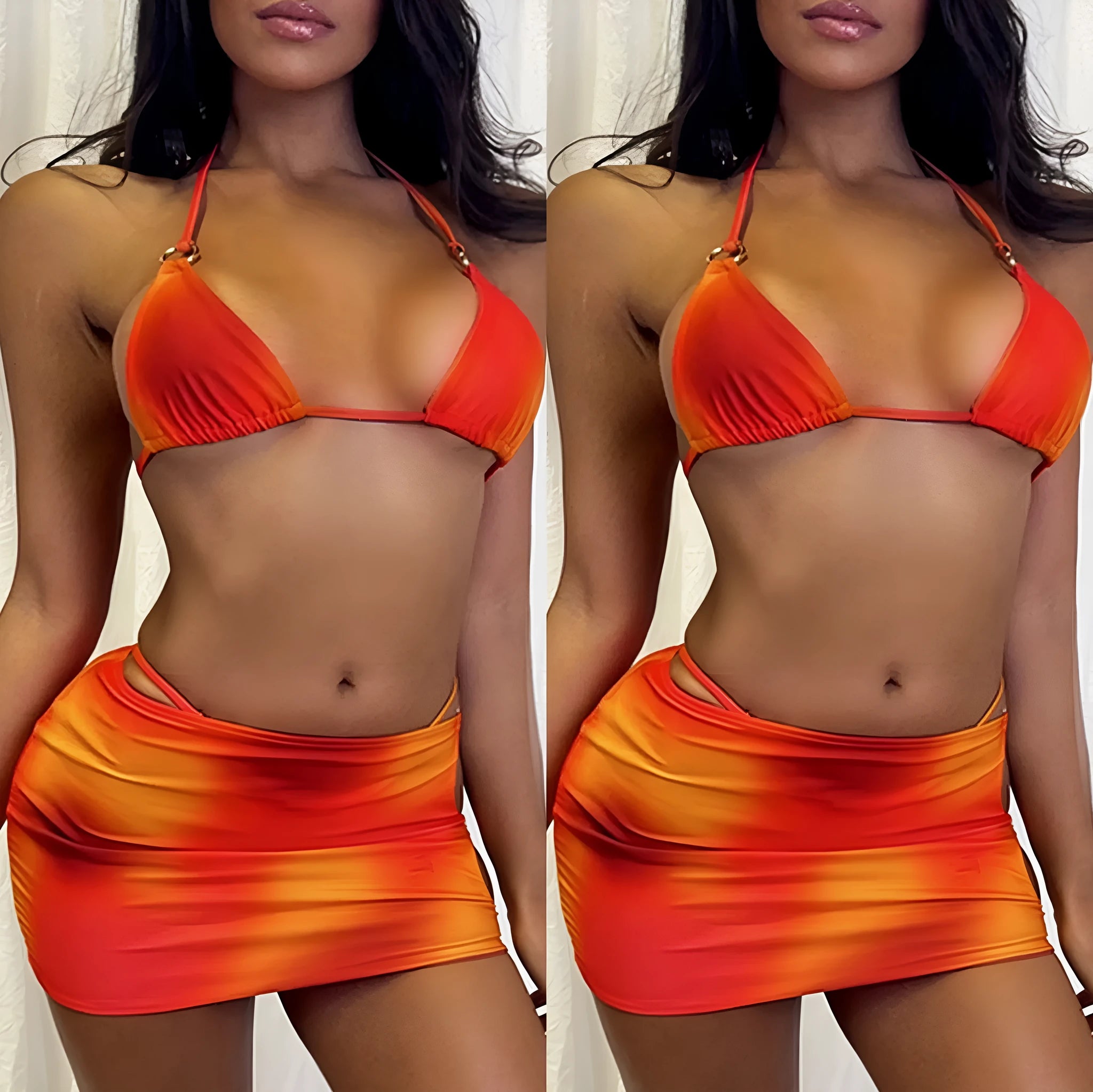 Women's gradient tie-dye halter neck bikini set with matching skirt on a beach background