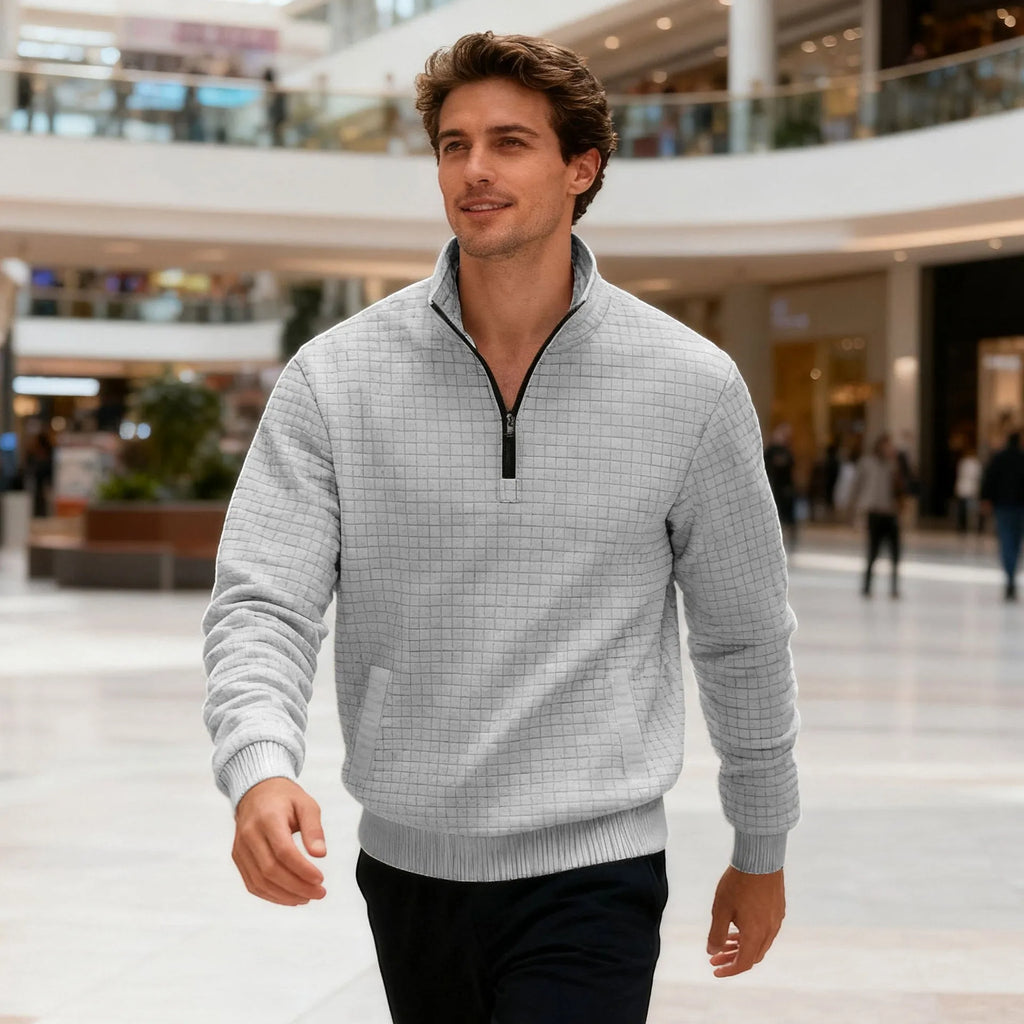 Men's stand-up collar long sleeve jacquard small check sweatshirt in light gray side view
