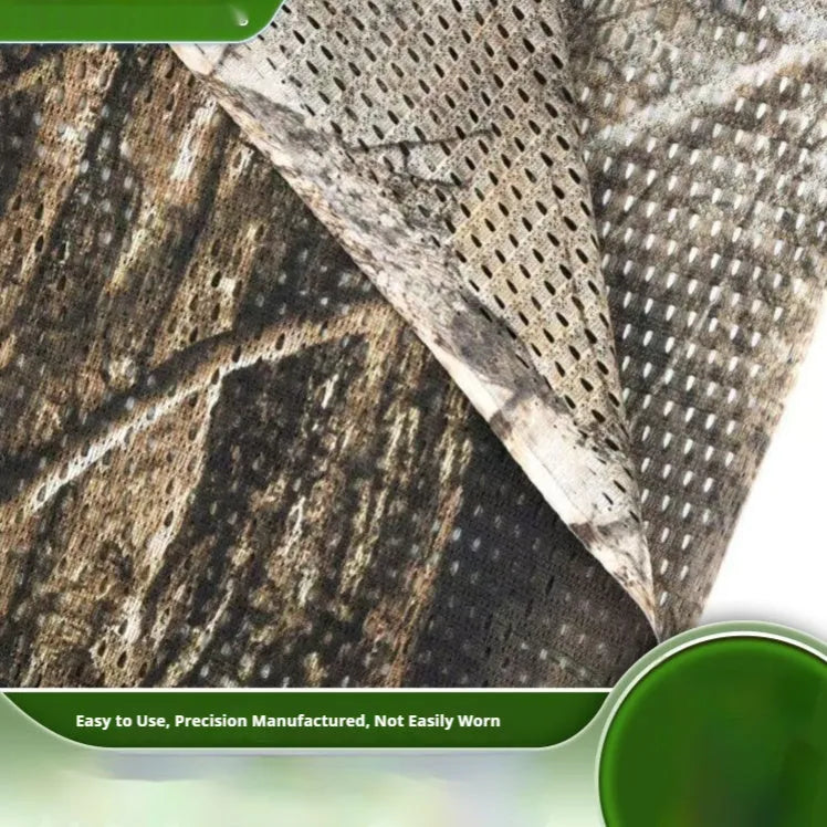 Polyester camouflage mesh fabric with square jacquard weave, six-side rhombus pattern, in bionic tree camouflage.