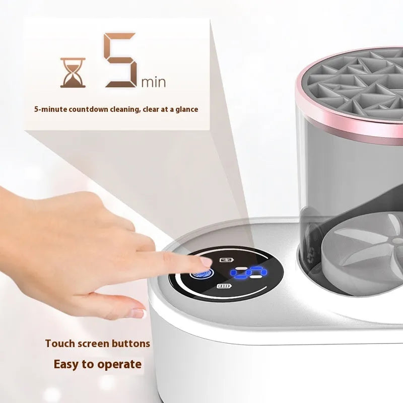 Electric makeup brush cleaning device with drying chamber showing brush placement and compact design