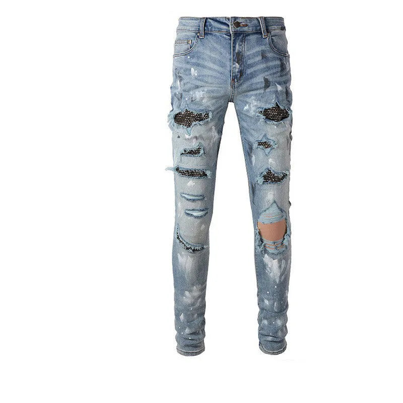 Men's stretch retro ripped diamond jeans in blue denim with diamond detailing