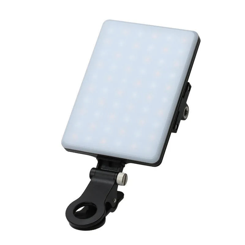 White mobile phone fill light with adjustable clip and dual colour temperature LED panel