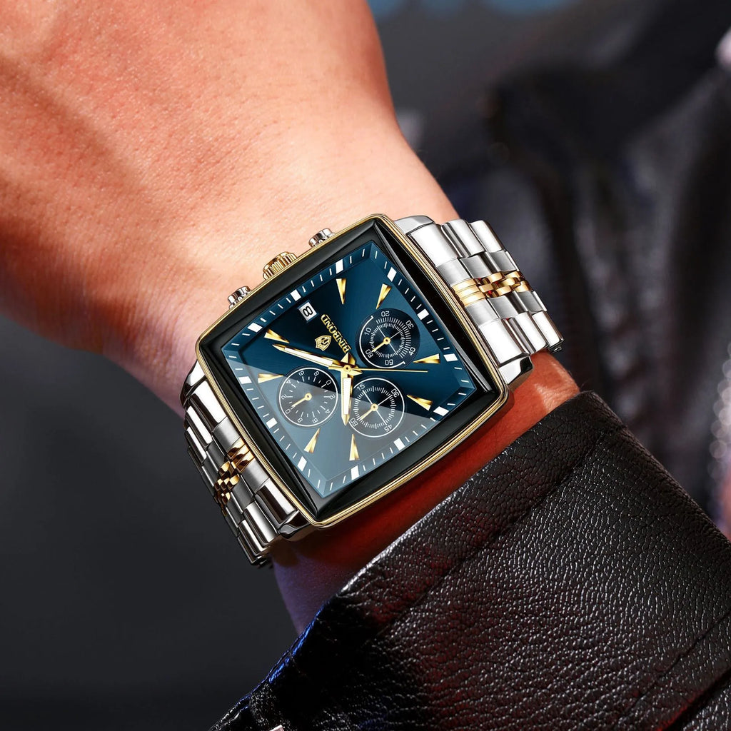 Men's rectangular dial quartz watch with luminous hands and stainless steel construction