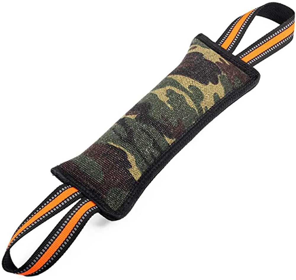 Yellow-edged jute dog training bite stick showing reflective stitching and 55cm length