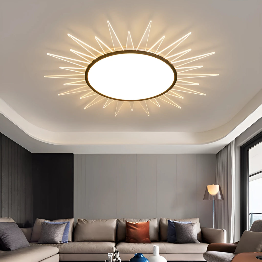 Modern circular aluminium LED ceiling lamp with remote control for dimmable lighting.