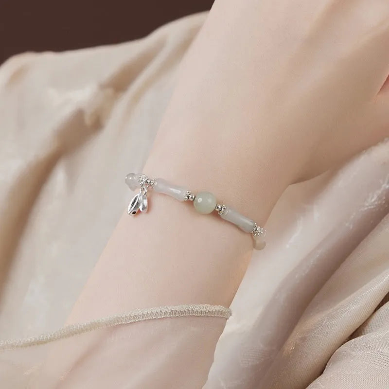 Handmade women's bracelet with Tianshan green bamboo and sterling silver in antique style