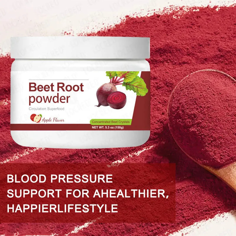 150g jar of apple-flavoured beetroot powder drink mix with vitamin C, magnesium, and potassium