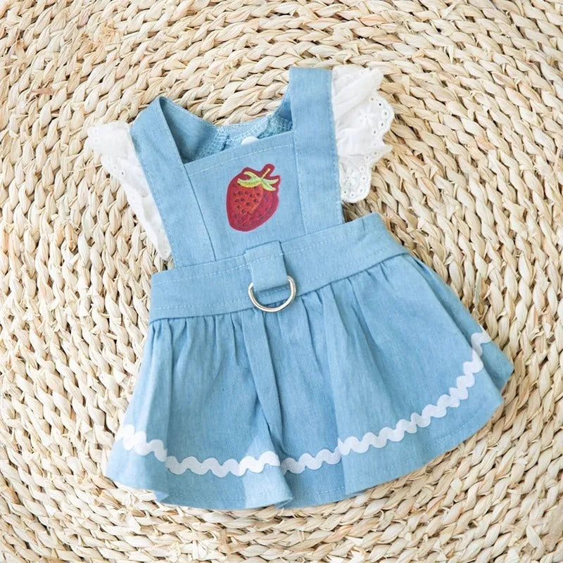Strawberry traction print denim skirt dog clothes in Bondi Blue colour on small dog