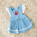 Strawberry traction print denim skirt dog clothes in Bondi Blue colour on small dog