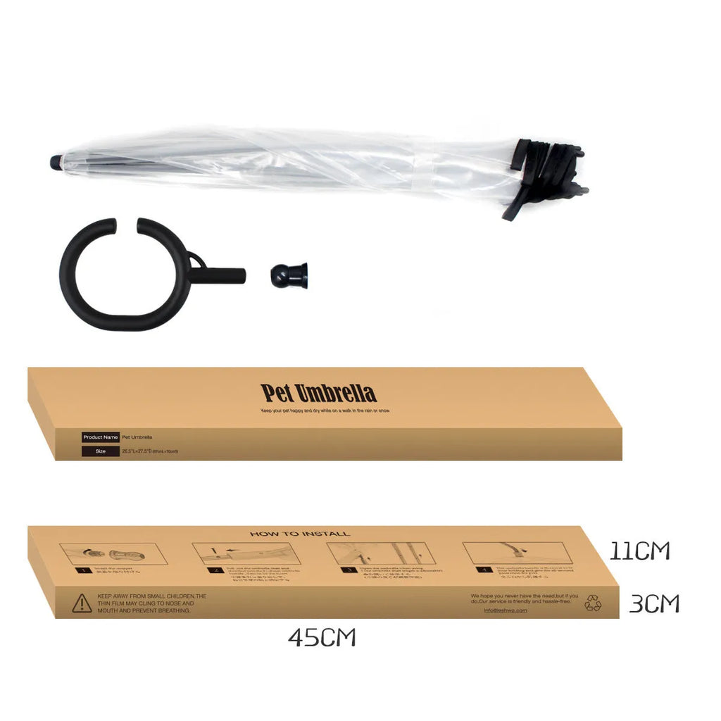 Transparent pet umbrella with white C-shaped handle, 70cm PVC canopy, and fibreglass frame for dog walks in rain