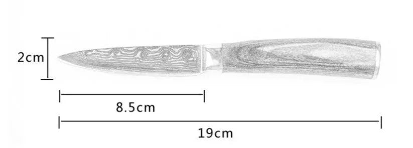 7Cr17 stainless steel kitchen knife with laser Damascus pattern on blade and colour steel handle.
