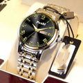 Men's quartz watch with stainless steel strap, double calendar, luminous dial, round alloy case, available in gold black blue silver