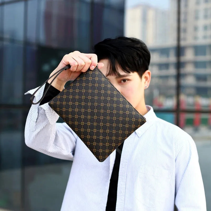 Men's soft PU leather gingham check envelope clutch bag with stitched sewing lines and handle