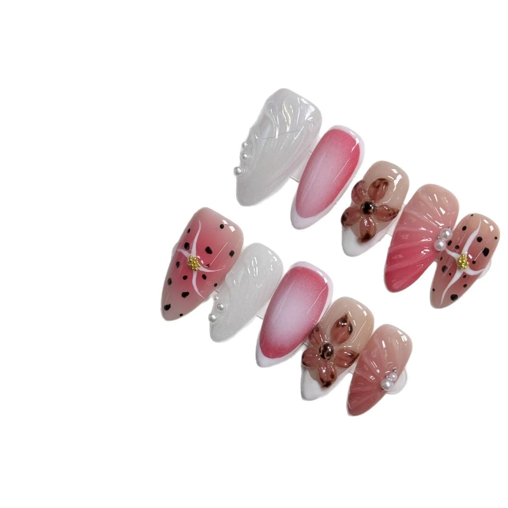 Hand-painted three-dimensional carved plastic nail patches with embossed candy patterns in almond shape