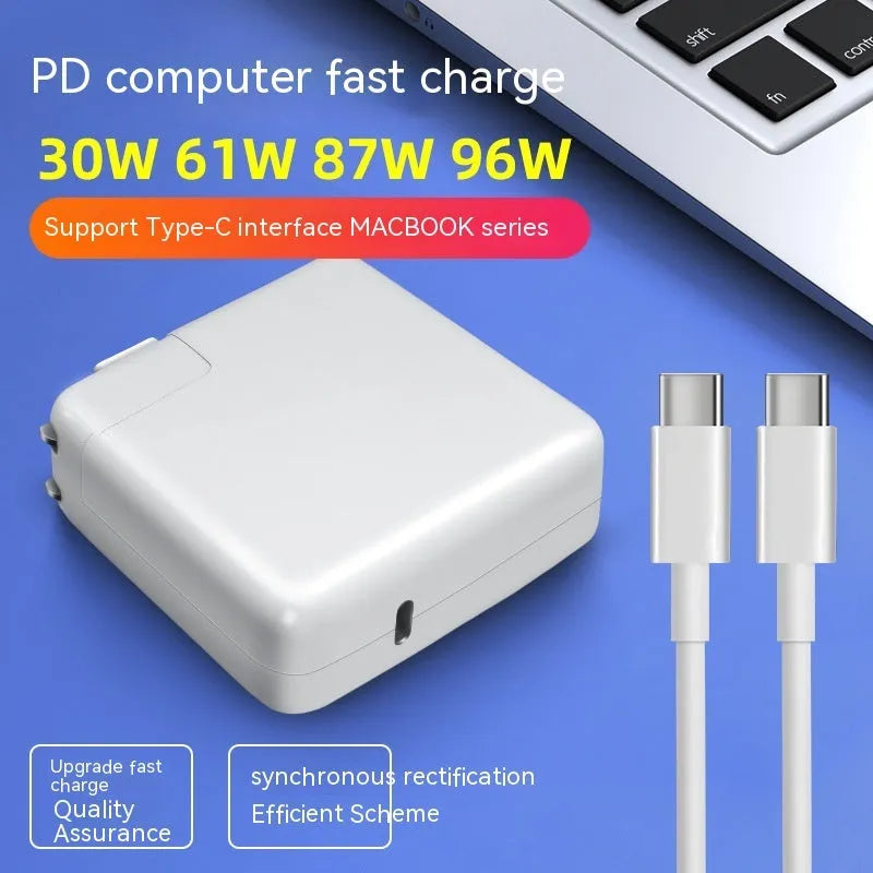 61W laptop power adapter charger with international plug options, 7cm by 7cm by 3cm dimensions