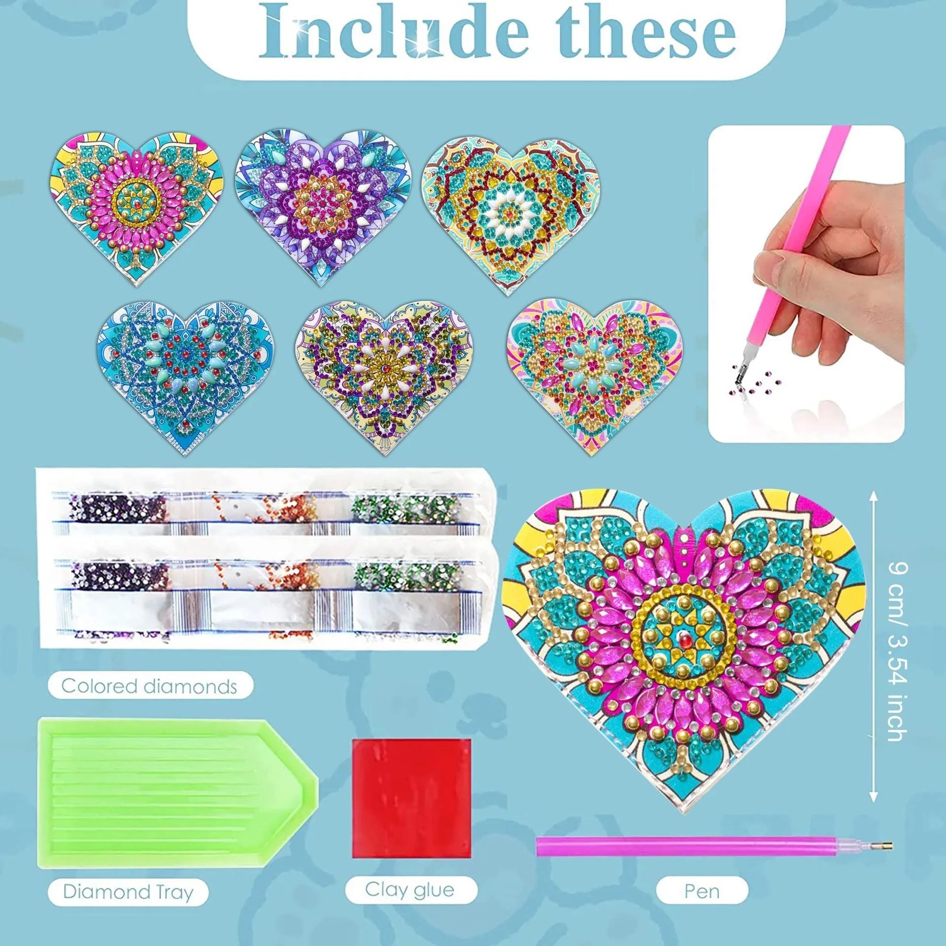 Handmade PU leather bookmark set with stick-on crystals and flower cornerite design, six pieces.