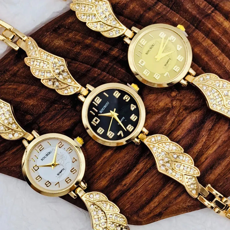 Women's stainless steel watch with round dial and 9mm thickness showing gold face option