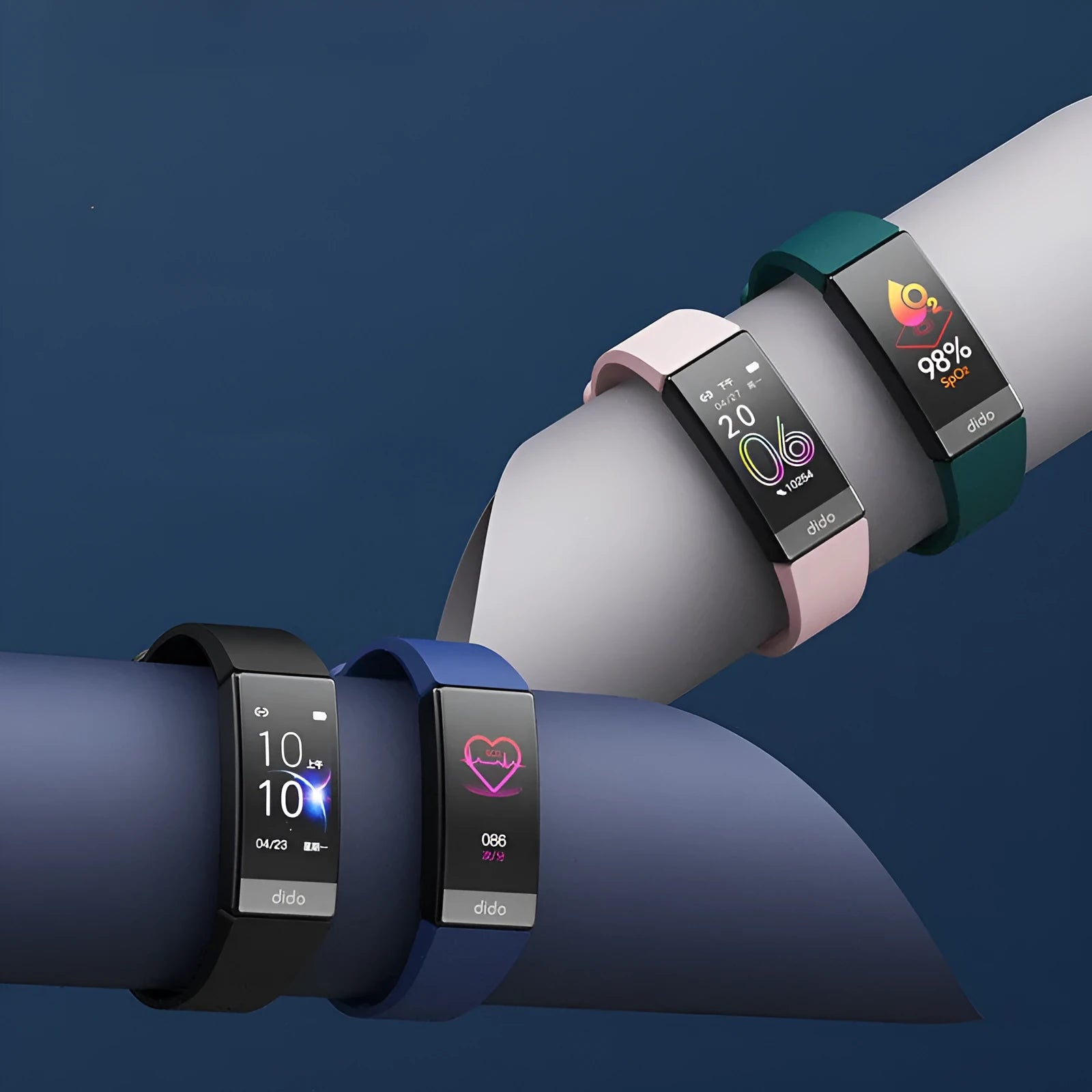 Y6 Black smart health bracelet with 1.1-inch screen on a wrist, showing blood pressure and heart rate data display.