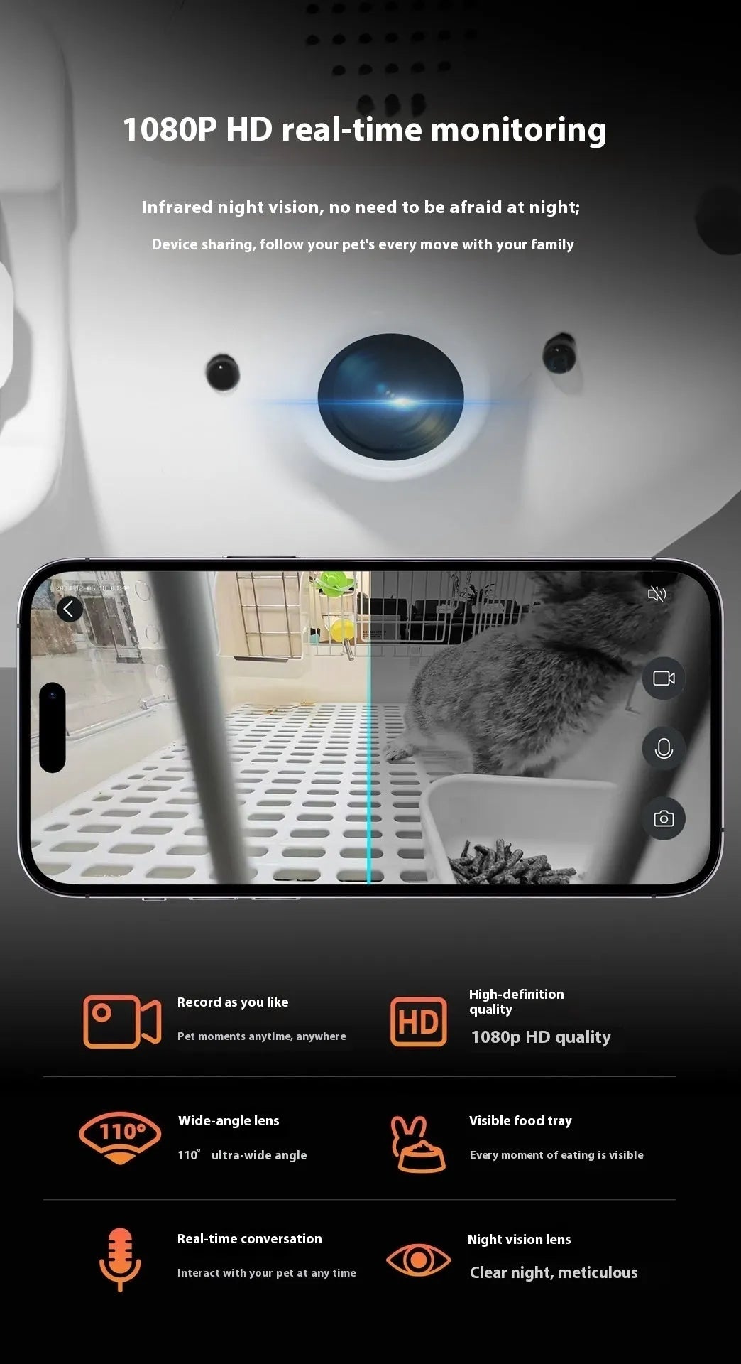 Automatic pet feeder with remote camera, food grade ABS and stainless steel, 240x88x306mm, for hamster rabbit Totoro