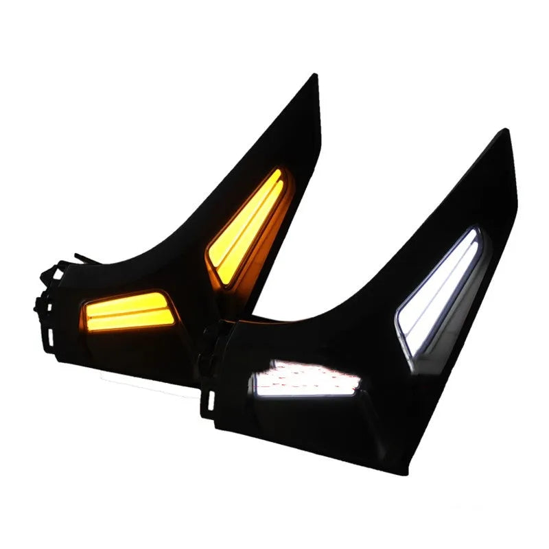 Pair of LED turn signal steering lights mounted on a Yamaha NMAX155 motorcycle handlebar, showing White/Yellow colour option.