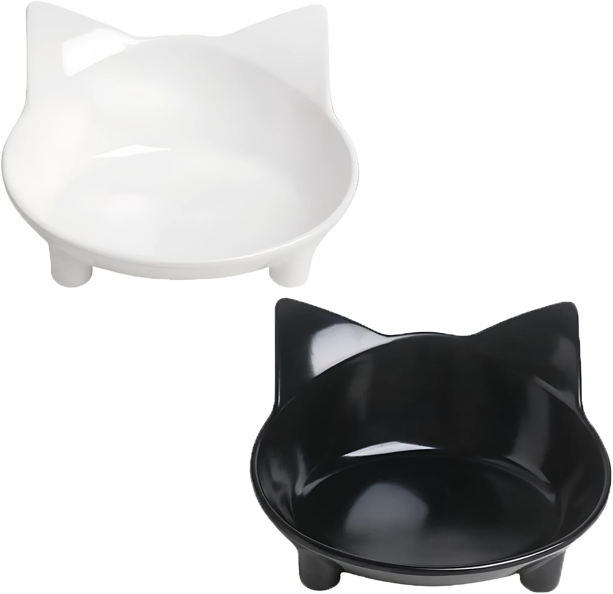 Shallow black melamine cat bowl with non-slip rubber base on a kitchen counter.