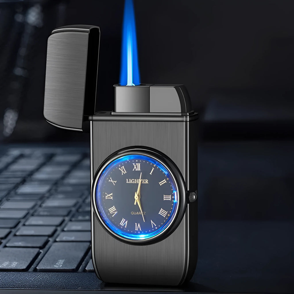 Black brushed zinc alloy watch-style windproof torch lighter with integrated light and butane refillable fuel, 76x38x155mm
