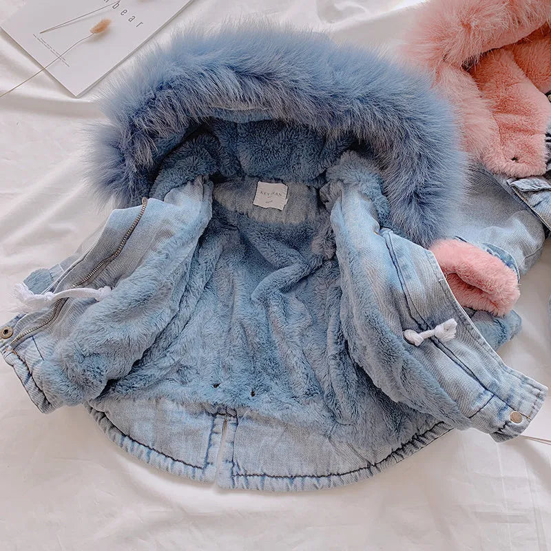 Blue denim coat for girls with attached hood and plus velvet lining shown with size tags