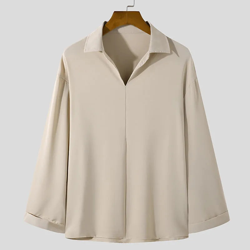 Men's loose lapels casual office shirt in polyester with non-ironing feature