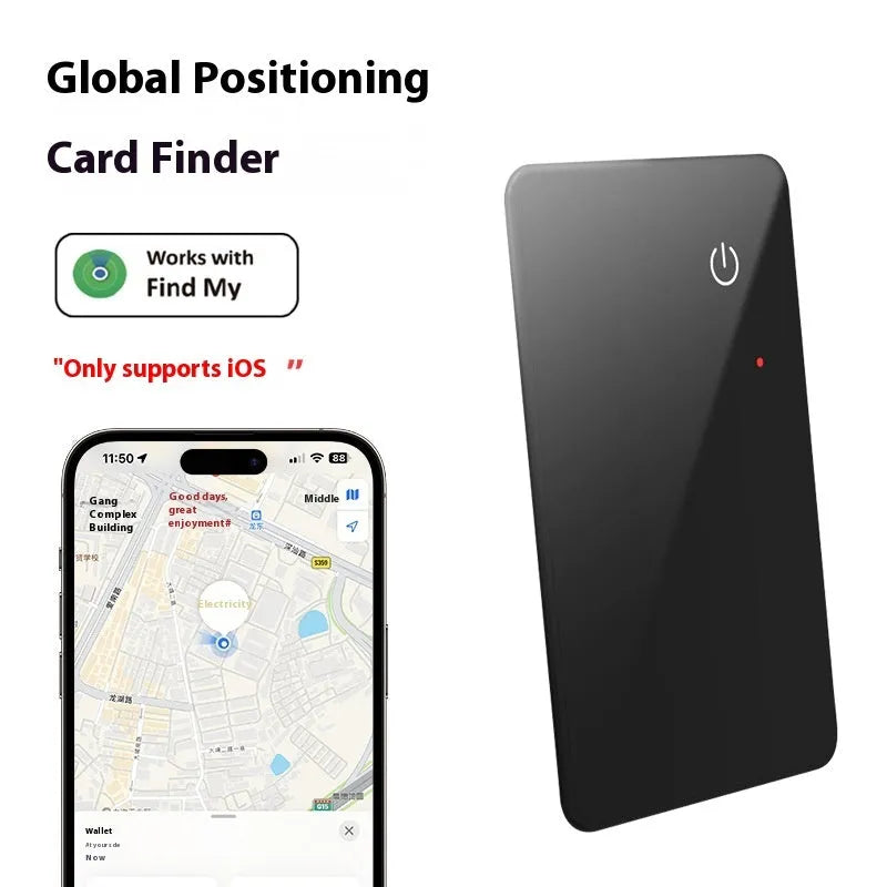 Black rectangular pet tracker card with hanging hole, showing NFC and wireless charging features