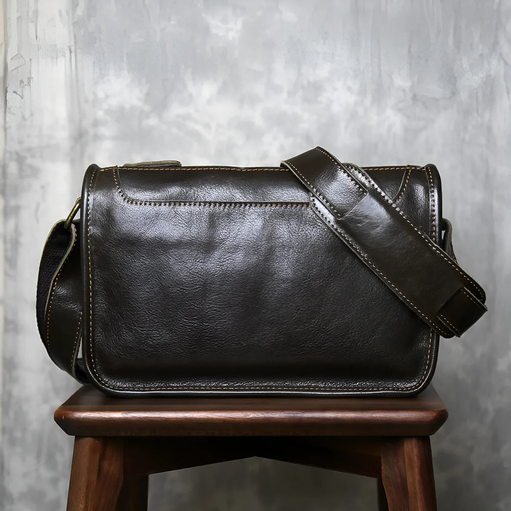 Men's genuine leather crossbody shoulder bag in olive green with patchwork design
