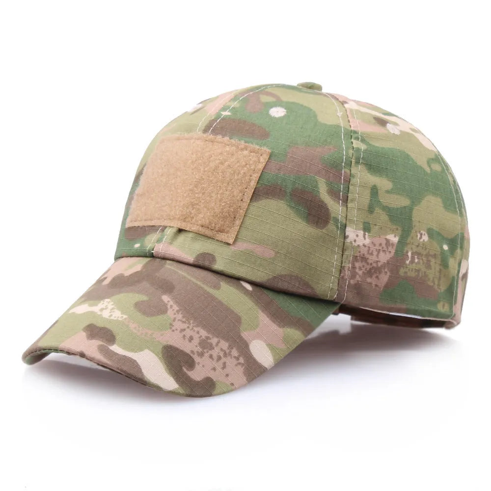 Velcro camouflage baseball cap with embroidered patch on a plain background