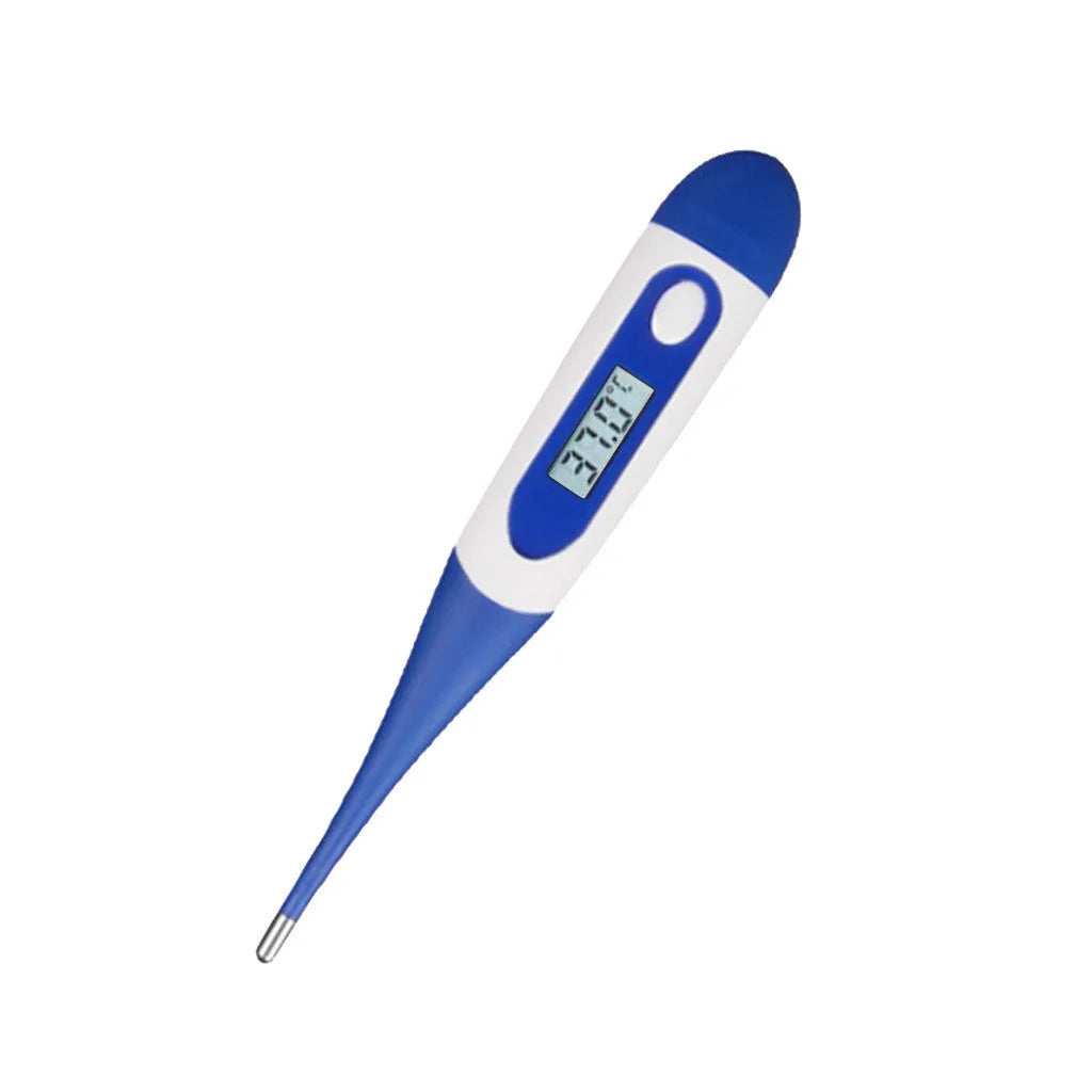 Blue digital electronic waterproof thermometer with LCD display, plastic and silicone body, mercury-free, ±0.1°C accuracy