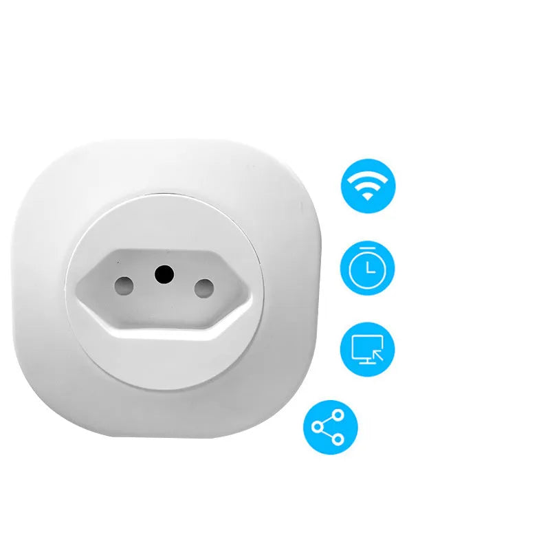 White smart socket plug with WiFi and voice control logo, showing EU/US plug pins.