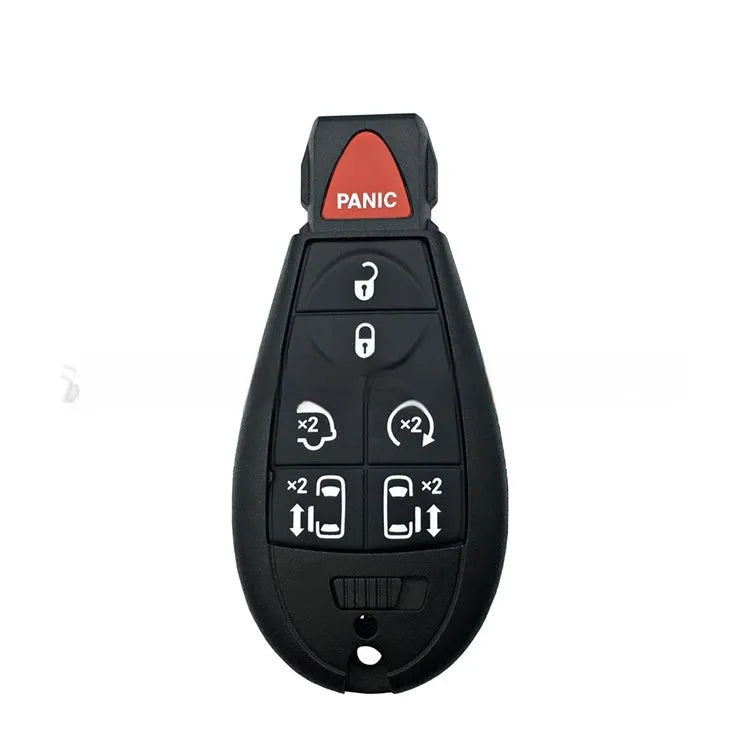 Empty replacement smart key shell for Dodge and Chrysler vehicles, showing dimensions and model codes.