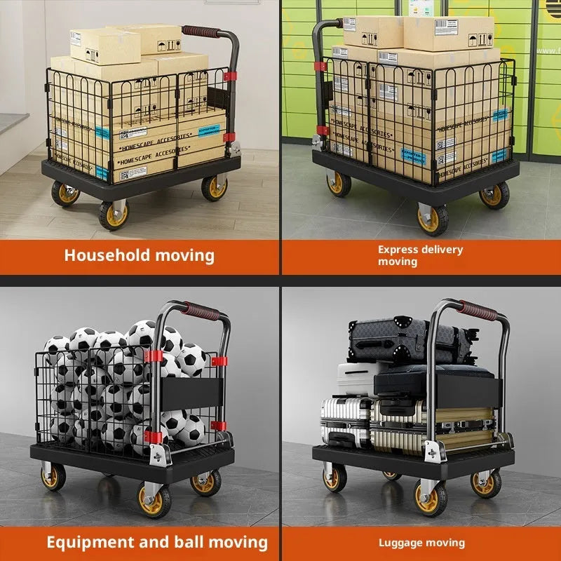 Black folding platform truck with fence 72x48 cm high strength plastic mute bearing 500 kg