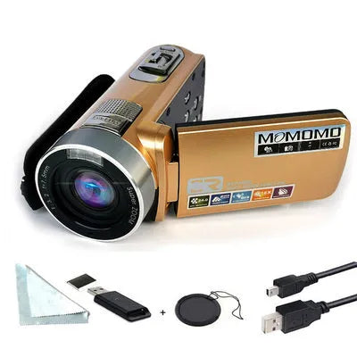 Black or gold digital camera with 3.0 inch rotating LCD, HD 1080P video, CMOS sensor, and USB 2.0