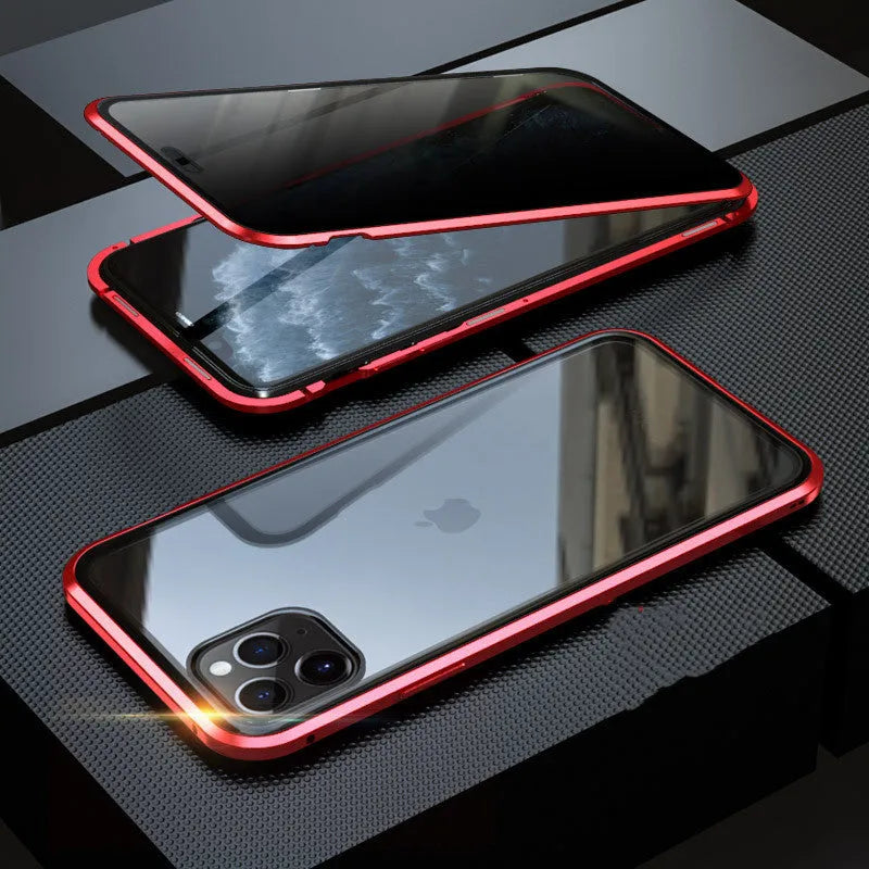 Machined glass clamshell anti-spy phone case in black, shown closed and open next to an iPhone.