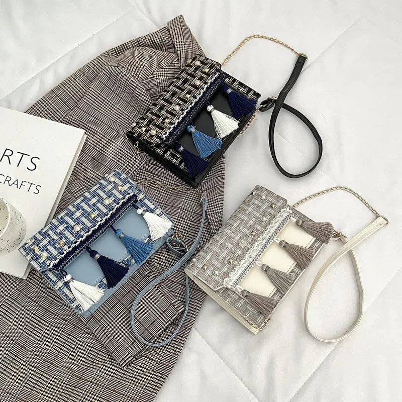 Ethnic-style PU shoulder bag with horizontal square shape, polyester lining, shown in blue, black or beige