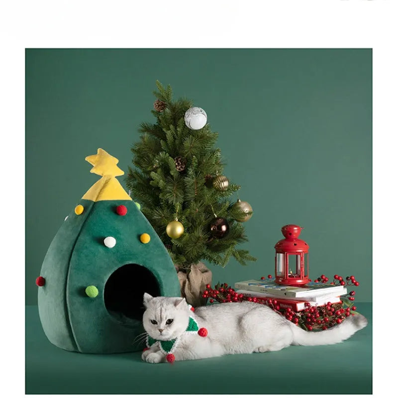 Red Christmas tree shaped plush cave bed for cats and small dogs on a wooden floor