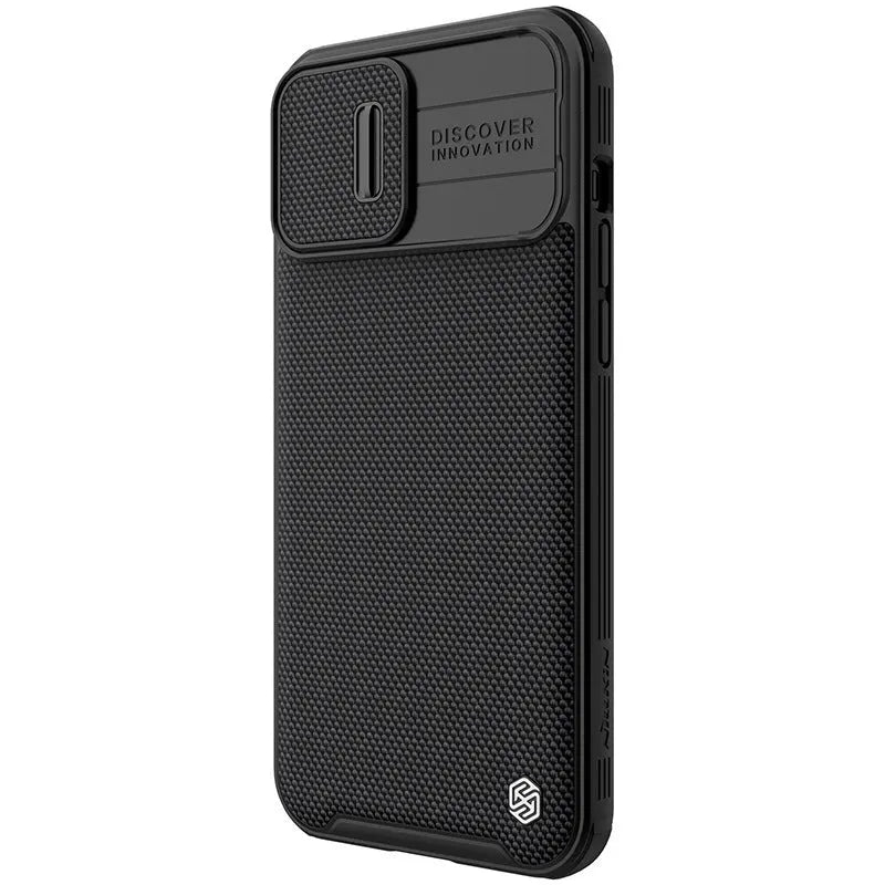Black textured sliding back cover phone case for Apple iPhone 13 Pro Max.