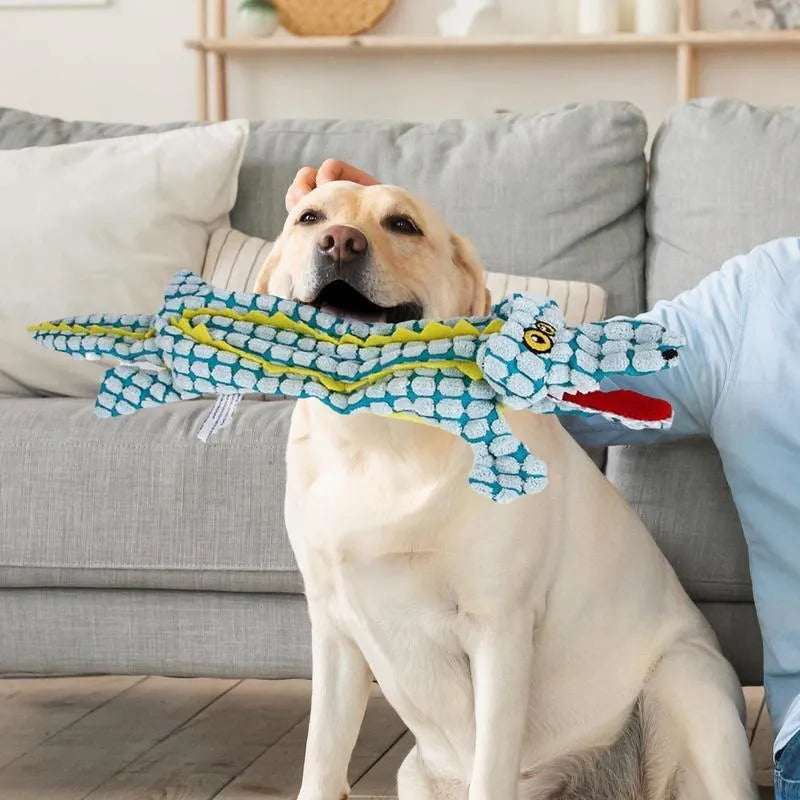 Blue crocodile-shaped plush dog toy with corduroy texture and squeaker for small and large dogs